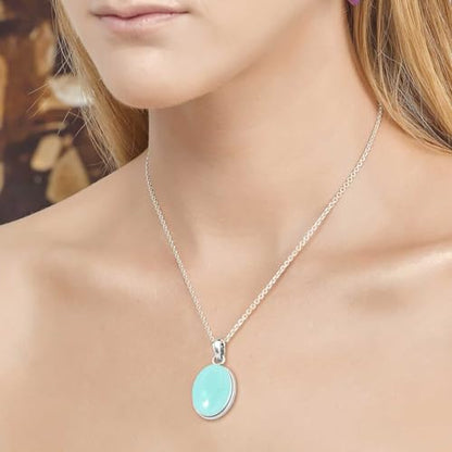 Chunky Natural Gemstone Pendant Necklace For Women Onyx, Turquoise, Amber, Garnet Oval Boho Genuine 925 Sterling Silver Handmade Jewelry - color: Aqua Chalcedony