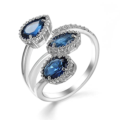 Kokoma Shiny Diamond Teardrop Open Statement Ring for Women Girls Rhinestone CZ Crystal Leaf Climber Wrap Finger Band Engagement Promise Rings Bands Fashion Jewelry Gifts for Mother's Day - color: Blue
