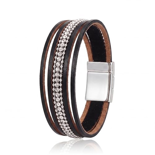 Edoneery Leather Wrap Bracelets for Women, Boho Layered Cuff Bangle | Multi-layer Leather Cuff, Daily wear, Stackable Bangle, Easy on-off, Western Jewelry Gifts for Women - color: Black-1