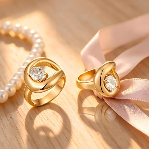 14K Gold Plated Ring for Women, Oval Cubic Zirconia Wrap Bands Ring, Chunky Dome Statement Ring Size 5 to 10 - color: Gold