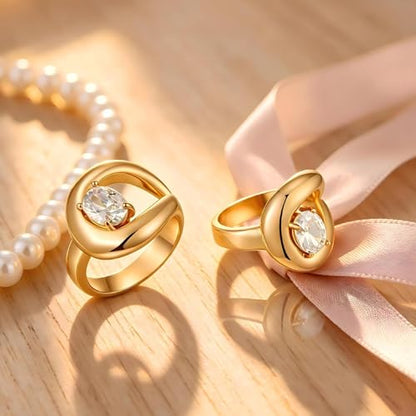 14K Gold Plated Ring for Women, Oval Cubic Zirconia Wrap Bands Ring, Chunky Dome Statement Ring Size 5 to 10 - color: Gold