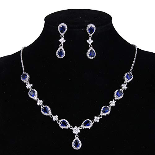 EleQueen Women's Silver-Tone Cubic Zirconia Teardrop Flower Bridal V-Necklace Sets Tennis Bracelet Dangle Earrings for Wedding Bridesmaids - color: Sapphire Color