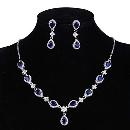 EleQueen Women's Silver-Tone Cubic Zirconia Teardrop Flower Bridal V-Necklace Sets Tennis Bracelet Dangle Earrings for Wedding Bridesmaids - color: Sapphire Color