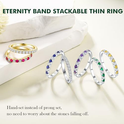 Birthstone Rings Eternity Band 925 Sterling Silver/Yellow Gold-Plated Created Gemstone Stackable Wedding Band 2.7mm Thin Half Eternity Rings for Women Size 6 to 10 - color: 11-Citrine-Nov.