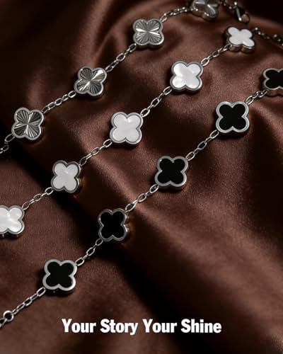 Four Leaf Clover Bracelet 18K Gold Plated Bracelets for Women Lucky Flower Design Stainless Steel Hypoallergenic Link Chain Adjustable Dainty Trendy Jewelry Gifts for Women - color: Silver Black