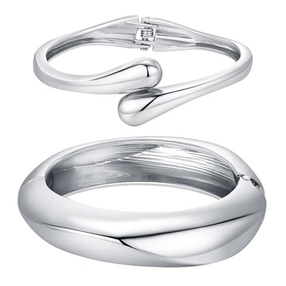 Chunky Gold Bangle Bracelets for Women Trendy 14K Gold Plated Cuff Bracelets Stack, Dainty Gold Bracelet Sets Non Tarnish Fashion Jewelry Gift - style: 2pcs-Silver-BoldTwinDrop