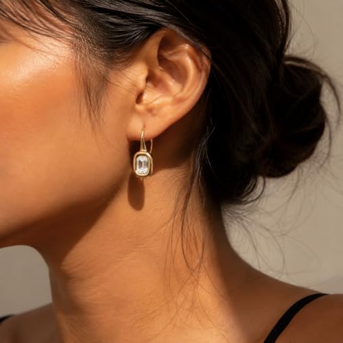 14K Gold & Silver Plated Trendy Bezel Set Cubic Zirconia Drop Earrings Minimalist Teardrop Hook Earrings for Women Diamond Crystal Charm Statement Teardrop Earrings Jewelry Gifts - color: Gold-Rectangular zircon