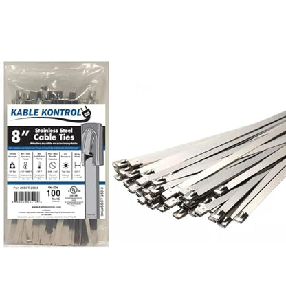 Kable Kontrol Stainless Steel Metal Zip Ties 8 Inch 100 Pcs HD 350Lbs Test | Heavy Duty Steel Cable Ties, Self-locking, Multi-Purpose, Outdoor and Indoor Use, High Temperature, Corrosion Resistant - size: 8" - 350 Lbs - 100 Pcs
