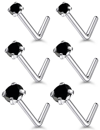 18G 20G 22G Stainless Surgical Steel Titanium Nose Rings Studs for Women L Shaped Nose Rings Screw Nose Studs Nostrial Piercing Jewelry for Women Men Silver Gold Black - style: 22G/Black CZ/L-shaped/Titanium