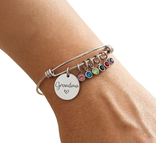 Custom Grandma Bracelet with Birthstones – Personalized Name Engraved Stainless Steel Bangle with 1-12 Birthstone Charms – Adjustable Wire Bracelet Gift for Mom, Grandma, Nana, Mimi