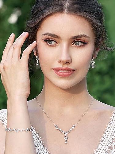 SWEETV Jewelry Set for Women, Cubic Zirconia Marquise Vine Cluster Bridal Earrings and Necklace Set, Bridal Jewelry Set for Wedding Prom - color: S09 Silver