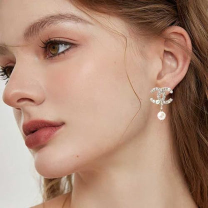 Gold Tone Curved Rhinestone Earrings with White Faux Pearl Drop Pendants for Women