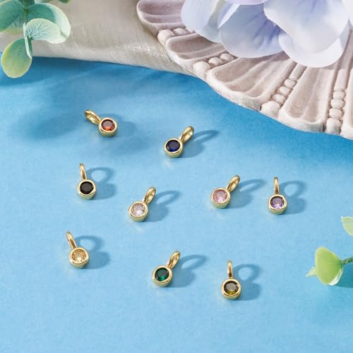 Beadthoven 9Pcs Gold Plated Cubic Zirconia Charms Round Crystal Dangle Bead Charms Long-Lasting Plated Brass Rhinestone Birthstone Pendants for Jewelry Making Necklace Earrings Bracelet DIY Craft - color: Round Mix