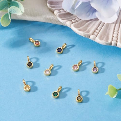 Beadthoven 9Pcs Gold Plated Cubic Zirconia Charms Round Crystal Dangle Bead Charms Long-Lasting Plated Brass Rhinestone Birthstone Pendants for Jewelry Making Necklace Earrings Bracelet DIY Craft - color: Round Mix