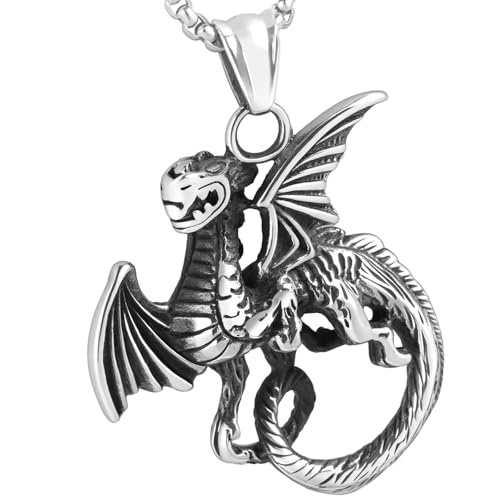Stainless Steel Gothic Y2K Punk Rock Emo Biker Pendant Necklace | Cosplay Vintage Viking Alt Edgy Fashion Charm Necklace Jewelry for Men Women Active Daily Wear - style: Vintage Flying Dragon
