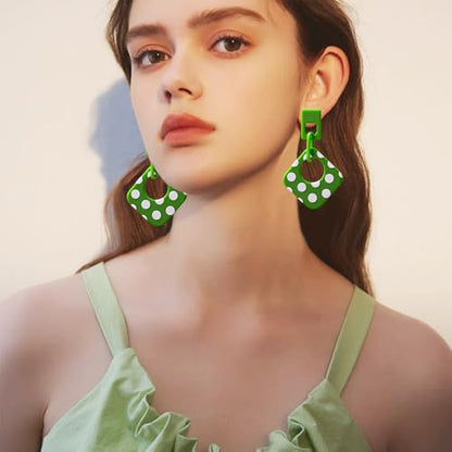 Handmade Lightweight Retro Polka Dot Square Hollow Round Dangle Drop Earrings Unique Chic Resin Geometric Stud Earrings For Women - style: Green Chain