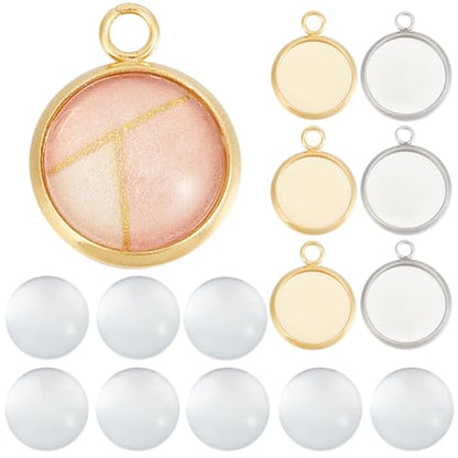 SUNNYCLUE 1 Box 120Pcs Blank Dome Pendant Making Kit Cabochon Settings Bezel Pendant Blanks Memorial Photo Charm Transparent Glass Cabochons with Round Pendant Trays for Jewelry Making DIY Findings - color: Round Mixed Color Stainless Steel Cabochon Setti
