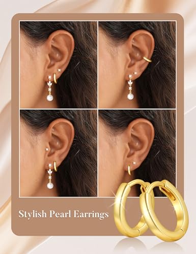 M MOOHAM Pearl Earrings for Women, 14K Gold Plated Pearl Drop Earrings | Hypoallergenic Pearl Dangle Earrings Set, Dainty Flat Back Stud Earring Stack, Bridal Shower Gifts, Wedding Jewelry - color: 14K Gold Plated