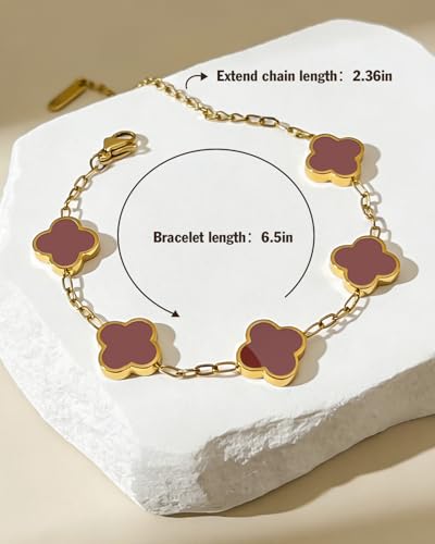 Four Leaf Clover Bracelet 18K Gold Plated Bracelets for Women Lucky Flower Design Stainless Steel Hypoallergenic Link Chain Adjustable Dainty Trendy Jewelry Gifts for Women - color: Red