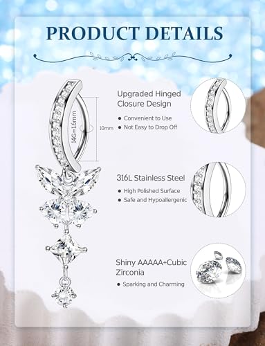 JOERICA 6 Pcs 14G Clicker Belly Button Ring for Women 316L Surgical Steel Butterfly Snake Evil Eye Heart CZ Opal Dangle Belly Button Rings Simple Reverse Navel Rings Body Belly Piercing Jewelry - color: Sliver Tone B