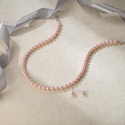 EVER FAITH Dainty Round Imitation Pearl Strand Necklace Stud Earrings Delicate Wedding Costume Prom Faux Pearls Jewelry for Women Bride - color: Pink Pearl, size: 8mm