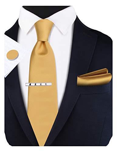 GUSLESON New 3.15"（8cm） Solid Color Necktie and Pocket Square Cufflinks Clip Set - color: Goldenrod