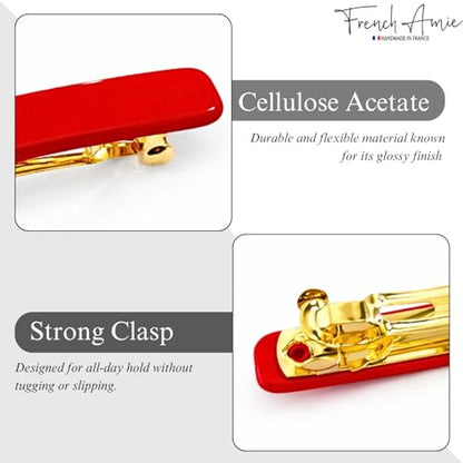 French Amie Bar Red Small 2 1/4 Inch Cellulose Acetate Hair Clip Barrette | Handmade Metal Clasp Rectangular For Fine Hair Bangs Half Up Styling Women Girls - color: Red