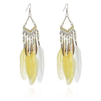 Faux Feather Fringe Tassel Long Dangle Earrings for Women | Bohemian Women Tassel Drop Jewelry - color: yellow