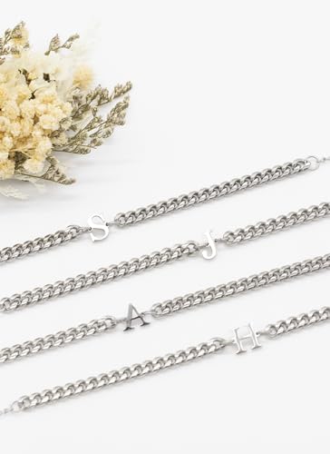 Initial Bracelet Matching Couple Bracelets Silver Letter A-Z Stainless Steel Cuban Link Chain Mens Bracelets Christmas Birthday Gifts for Men Women Him Teens Best Friends Husband Dad Son - color: Q