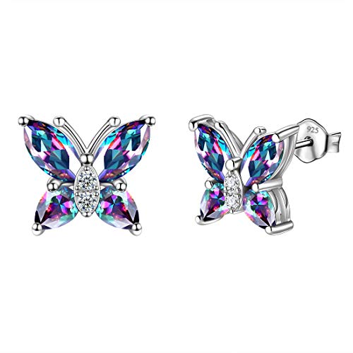Butterfly Birthstone Stud Earrings - Women 925 Sterling Silver Butterflies Birthstone Stud Earrings Birthday Gift for Women - color: M.Mysitc
