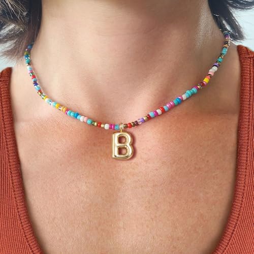 VRIUA Colorful Initial Necklaces for Women – Bubble Letter A-Z Necklace Handmade Beaded Necklace Dainty Initial Necklaces for Girls Kids - Teen Girls Gifts Trendy Jewelry - color: Gold, style: B