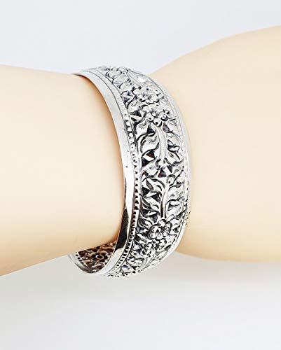 Chunky Statement 925 Sterling Silver Cuff Bangle Bracelet for Women - 25mm Floral Cuff - Ideal gift for her