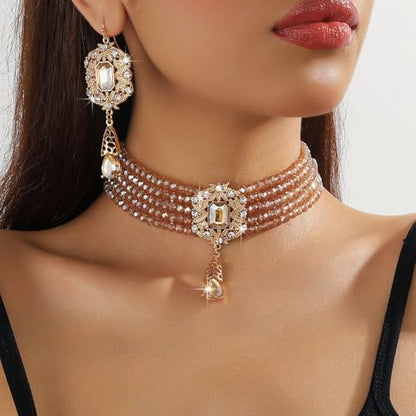 Missgrace Women Silver Black Green Red Rhinestone Crystal Tassels Bridal Necklace Earrings Sets Teardrop Necklace Dangle Earrings Set for Wedding Brides Bridesmaid - color: Champagne