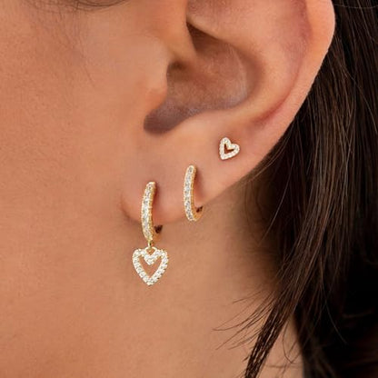 3 Pairs Earring Stacks, Gold Earring Set Jewelry Gift for Women | Small, 14K Gold/White Gold/Black/Rose Gold Plated, Hypoallergenic, Her, Everday, Stackable, Simple, 3 Holes - color: Gold-Diamond Heart