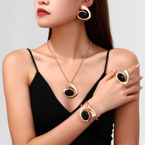 Gold Jewelry Set Vintage Spiral With Oval Black Acrylic Pendant Necklace Earrings Bracelet Ring Set Bohemian Trendy Party Jewelry For Women - style: C