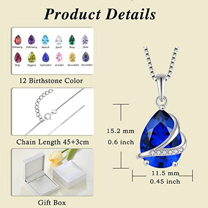 Birthstone Pendant Necklace 925 Sterling Silver Teardrop Jewelry for Women - color: Royal Blue