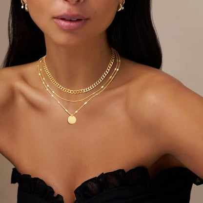 Evabelle Gold Layered Necklace for Women Trendy Jewelry 14K Real Gold Plated Chunky Chain Stackable Necklaces Dainty Choker Necklaces Rectangle Square Pendant - color: Gold Necklace 08