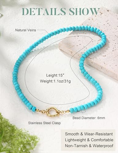JeryWe Gemstone Beaded Necklaces for Women - Waterproof Natural Stone Handmade Choker Necklace Boho Summer Beach Jewelry, 14K Gold Plated Stainless Steel Dainty Statement Necklace Trendy Turquoise