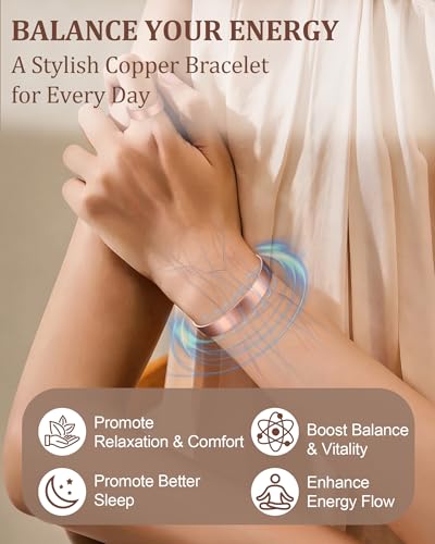 BioMag Pure Copper Bracelet & Ring for Women Men, 99.99% Solid Handmade Copper Cuff Bangle, Adjustable Jewelry Gift with Gift Box - color: Rose Gold (Matte)