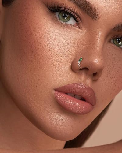 20G 925 Sterling Silver Small Thin Nose Ring Hoop for Women, Silver 7mm - 8mm Adjustable Half Hoop Nostril Piercing Jewelry - color: Emerald CZ