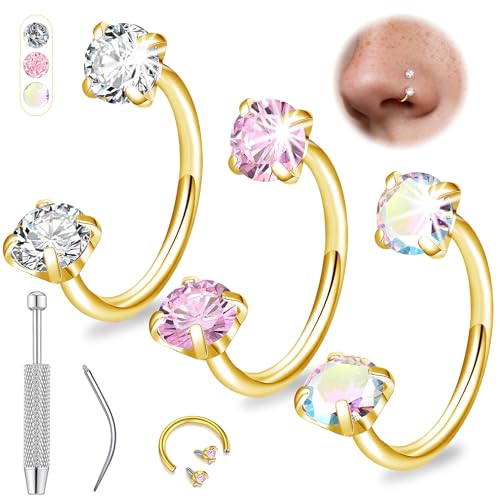 Aidenn 20G Horseshoe Nose Ring Piercing for Women, 6–8mm CZ Nose Ring Set Gold & Silver, Surgical Steel Horseshoe Piercing Jewelry with Double CZ, for Cartilage Helix Tragus Earring Labret Lip With Tool - color: 20G 7mm/gold