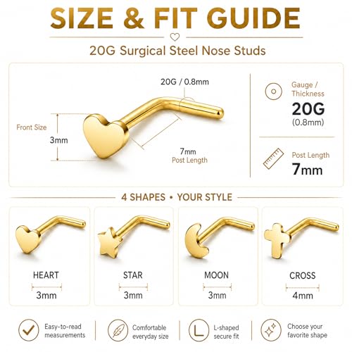 20G Nose Rings for Women, L Shaped Nostril Piercing Studs | 316L Stainless Steel, 0.8 mm×7 mm, 2 mm CZ or 3-4 mm Heart, Star, Moon and Cross, Gold-Tone or Silver-tone, Daily Wear - style: Gold Style B