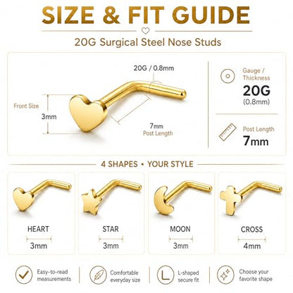 20G Nose Rings for Women, L Shaped Nostril Piercing Studs | 316L Stainless Steel, 0.8 mm×7 mm, 2 mm CZ or 3-4 mm Heart, Star, Moon and Cross, Gold-Tone or Silver-tone, Daily Wear - style: Gold Style B