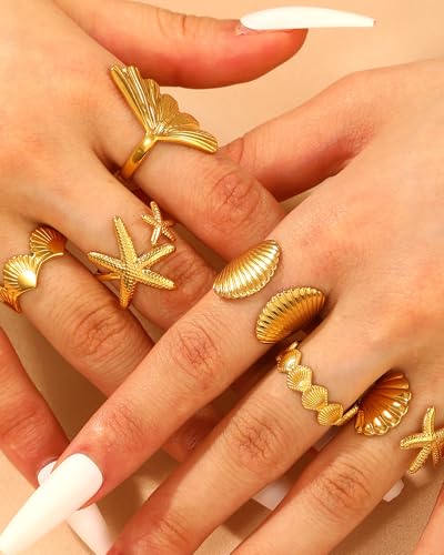 Chunky Gold Shell Starfish Ring Set for Women Trendy Gold Flower Scallop Seashell Starfish Gemstone Rings Adjustable Stacking Statement R-ings Non Tarnish Spring Summer Jewelry Accessories - color: A6:6 pcs