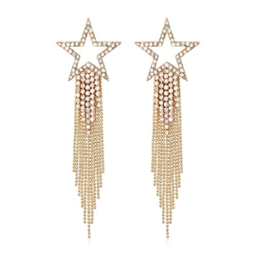 EVER FAITH Crystal Long Waterfall Star Tassel Clip-on Earrings for Women | Rhinestone Beaded Fringe Chandelier Dangle Statement Earring, Wedding Party Jewelry - color: Iridescent Clear AB Gold-Tone