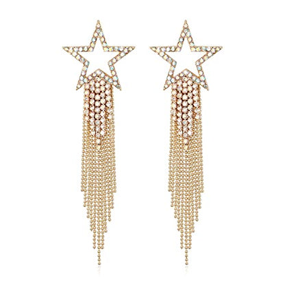 EVER FAITH Crystal Long Waterfall Star Tassel Clip-on Earrings for Women | Rhinestone Beaded Fringe Chandelier Dangle Statement Earring, Wedding Party Jewelry - color: Iridescent Clear AB Gold-Tone