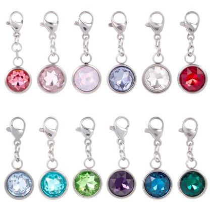 Beebeecraft 12Pcs 12 Colors Clip On Birthstone Charms 304 Stainless Steel Rhinestone Lobster Clasp Charms for Jewelry Necklace Bracelet Making