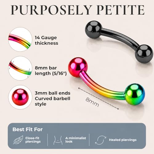 Forbidden Body Jewelry Surgical Steel Petite Belly Button Rings Curved Navel Barbell Set 14G 5/16 Inch 3mm End Balls - style: Black/Rainbow