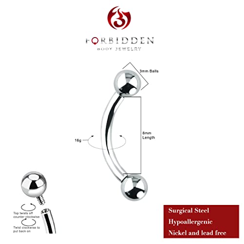 Forbidden Body Jewelry Curved Barbell Piercing Jewelry - 00GA-16GA Silver Eyebrow Piercing - Surgical Steel Snake Eye Frog Eyes Tongue Rings & Belly Rings for Women (6/14mm Bar, 3/12mm Balls) - style: 16GA, 8mm Length, 3mm Balls