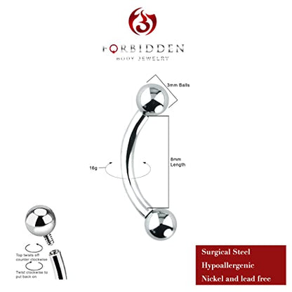 Forbidden Body Jewelry Curved Barbell Piercing Jewelry - 00GA-16GA Silver Eyebrow Piercing - Surgical Steel Snake Eye Frog Eyes Tongue Rings & Belly Rings for Women (6/14mm Bar, 3/12mm Balls) - style: 16GA, 8mm Length, 3mm Balls